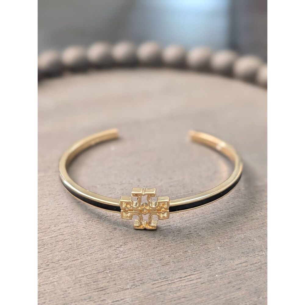 Tory Burch Black Logo Enamel Open Cuff Bangle